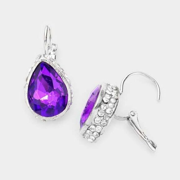 Rhinestone Purple Teardrop Stone Lever Back Silver Evening Earrings - Picture 3 of 5